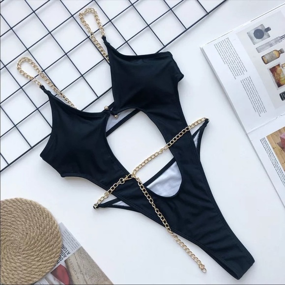Black One-Piece Swimsuit Gold Chain Detailing - Picture 5 of 5